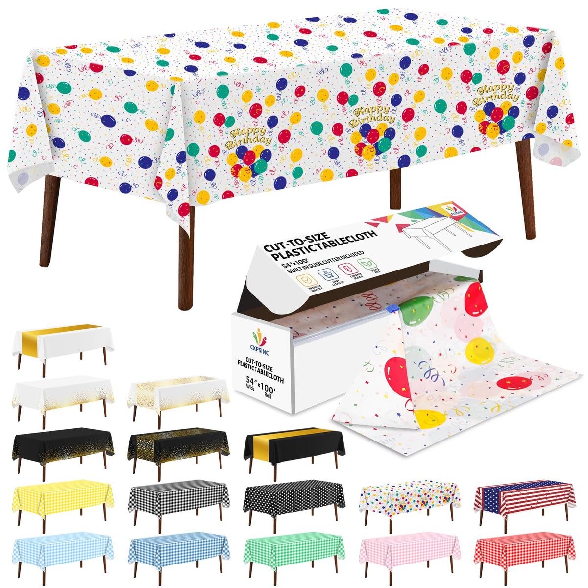 CXPSINC White Plastic Table Cloth Disposable Tablecloth Roll 54 Inch X 300 Feet Plastic Table Cover Roll with Slide Cutter for Picnics, Parties, Banquet, Birthdays, Weddings