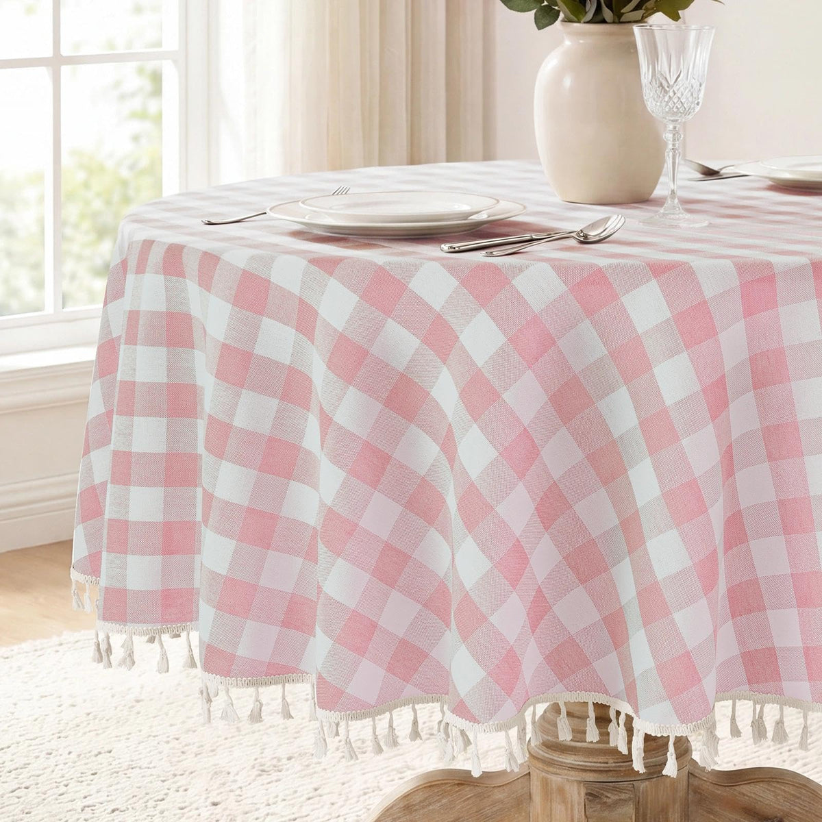 Romanstile Gingham Tassel Tablecloth Rectangle - 60 x 84 Inch, Beige