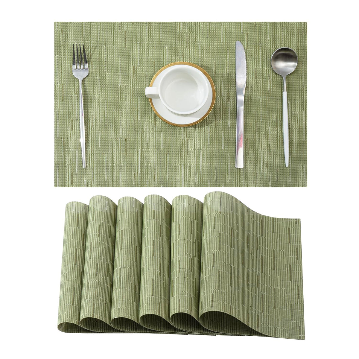 Beige Placemats Set of 8 - Heat-Resistant, Non-Slip Table Mats, Washable Woven Vinyl for Indoor & Outdoor Dining