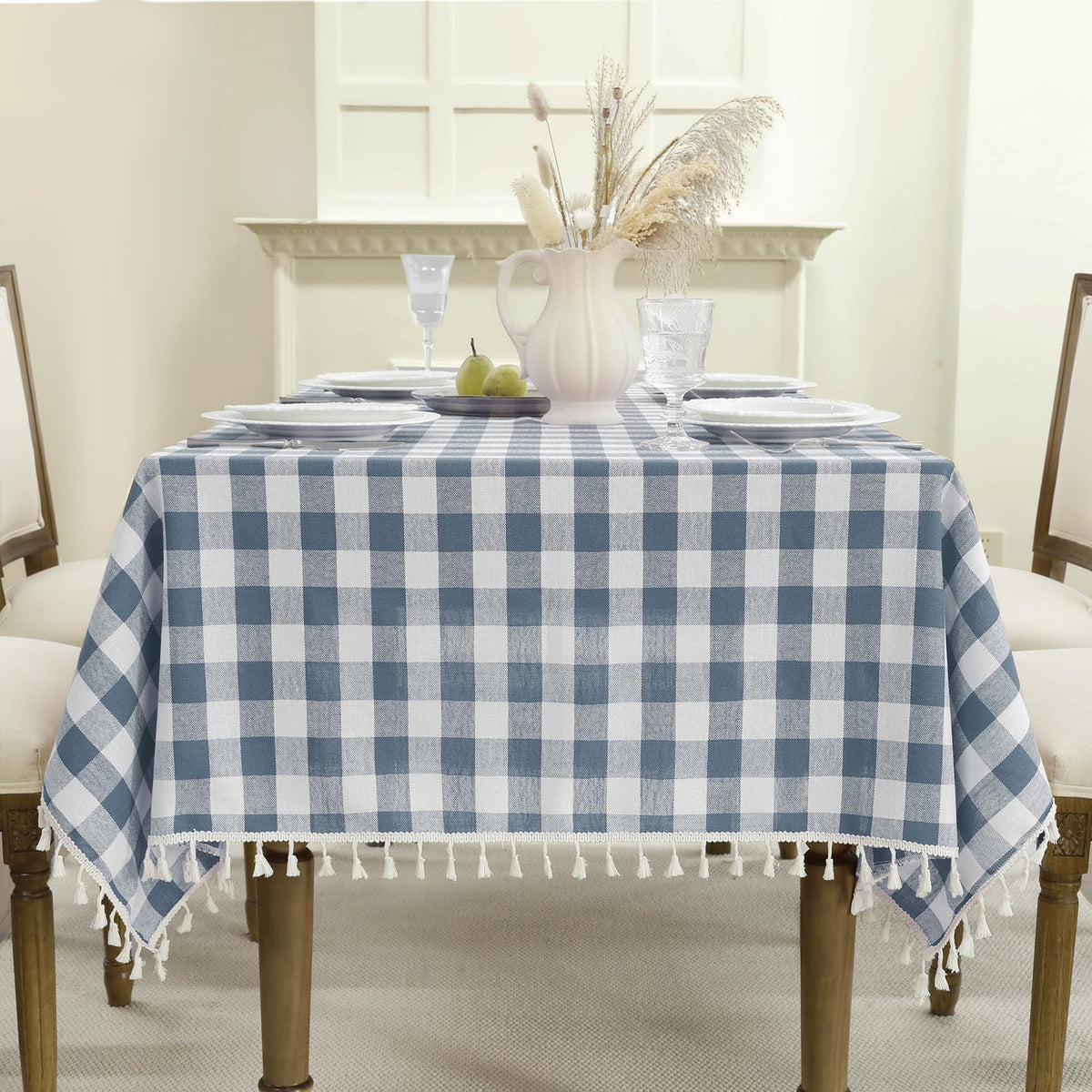 Romanstile Gingham Tassel Tablecloth Rectangle - 60 x 84 Inch, Beige