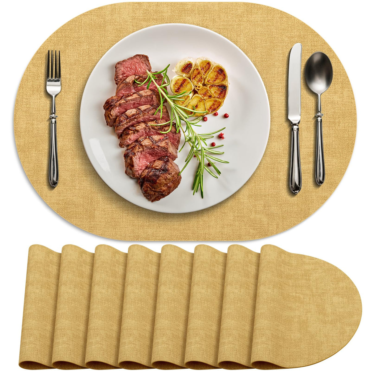 Faux Leather Oval Placemats Set of 6, Beige