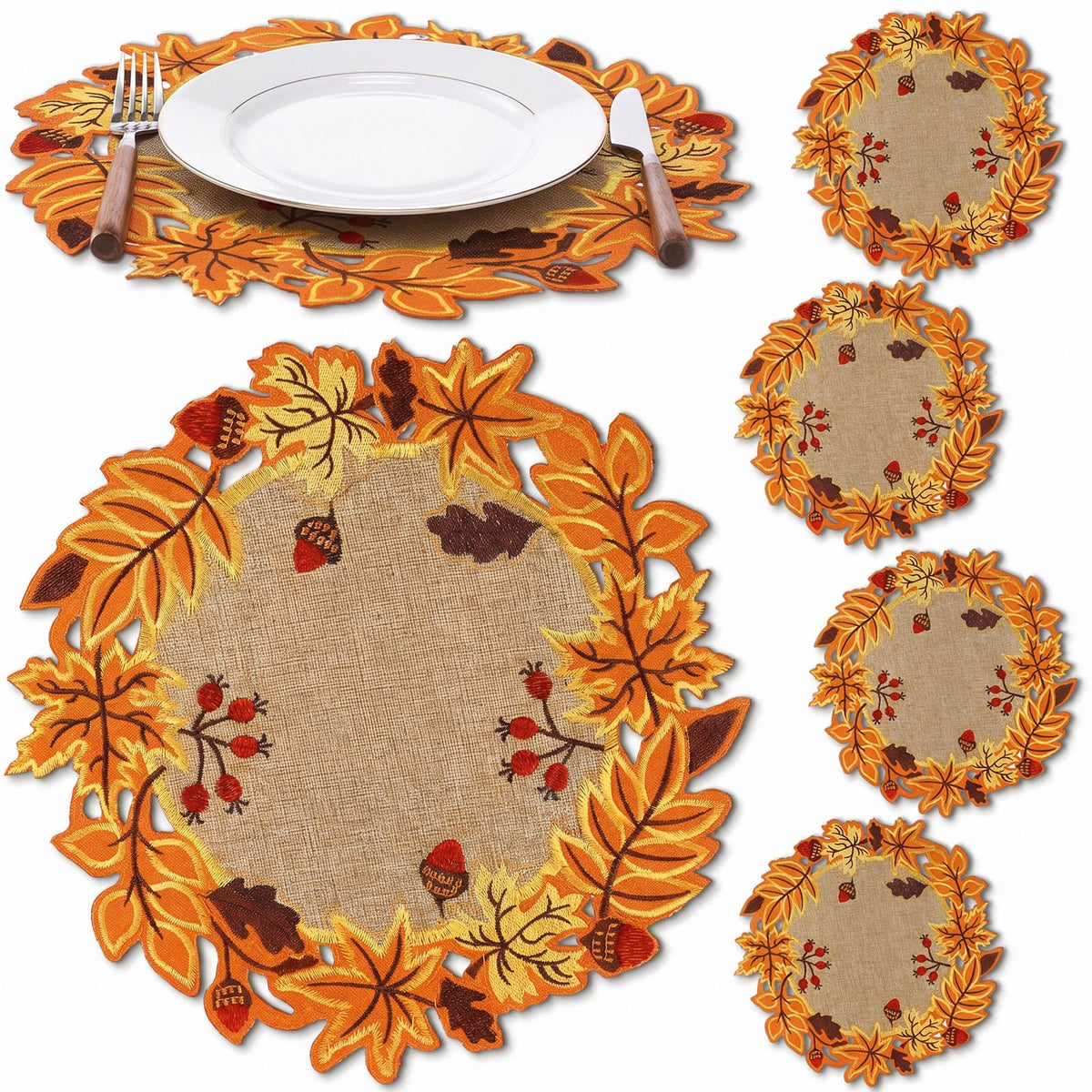 Yingzhao 6 Pcs Fall Leaf Placemats Thanksgiving Orange Table Placemats