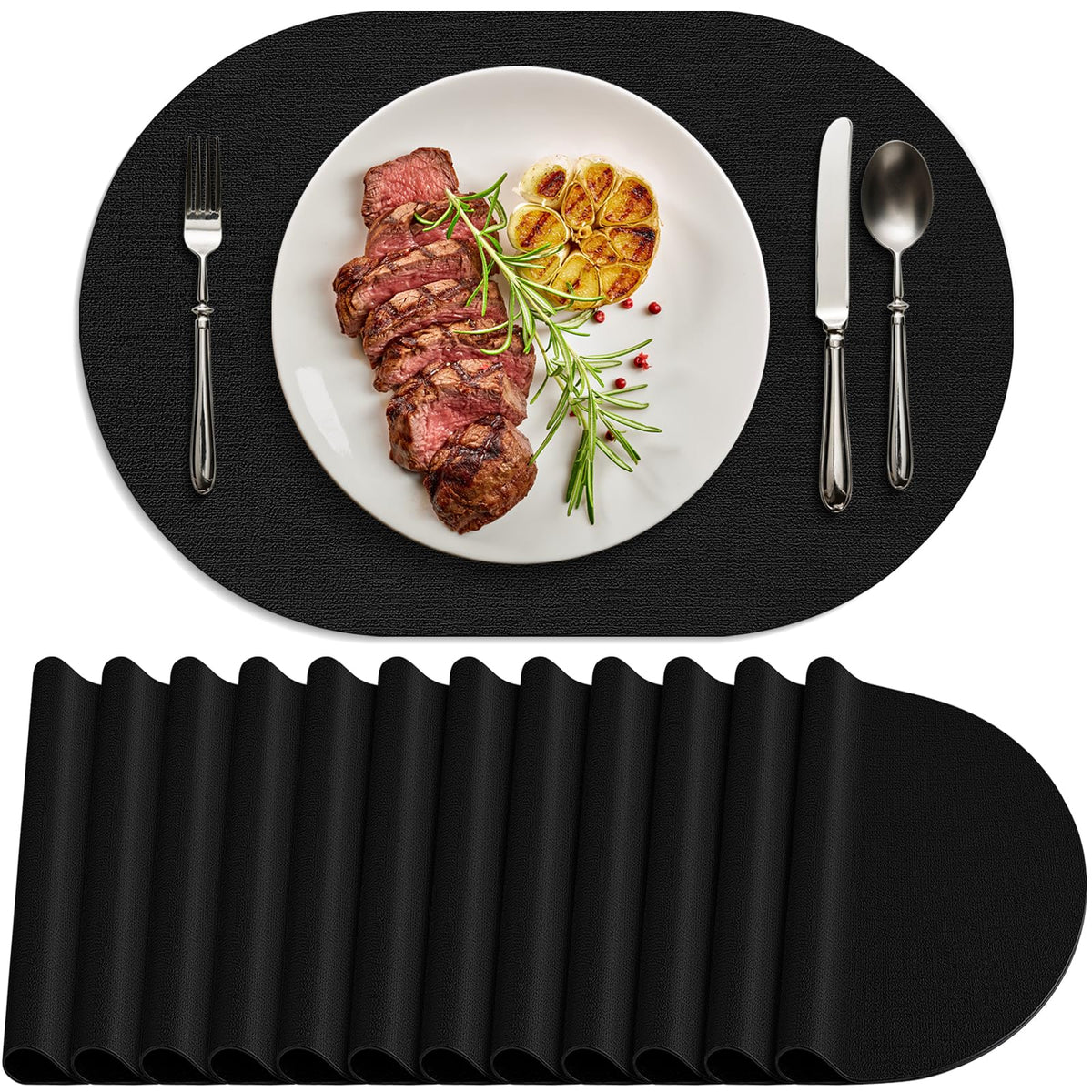 Faux Leather Oval Placemats Set of 8, Beige