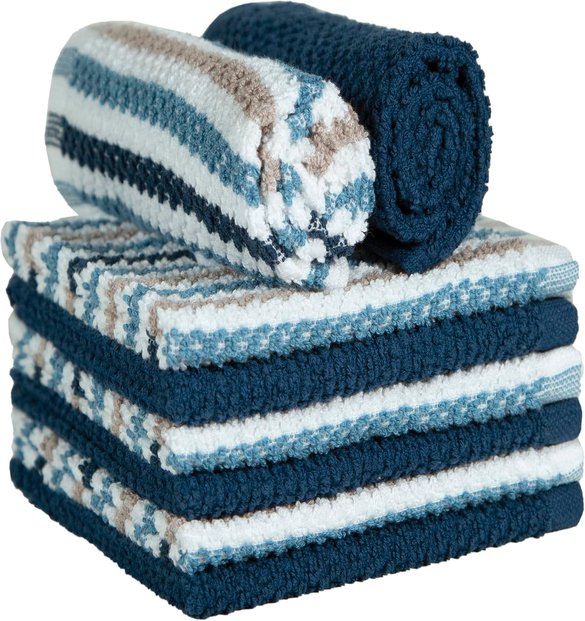 Bumble Dish Cloths 8-Pack, Cotton Kitchen Towels, 12"x12" Blue Wide Stripes