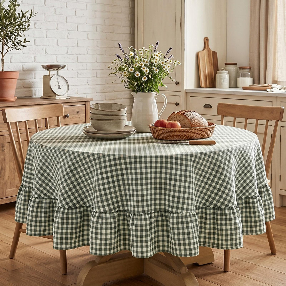 Mindsoft Brown Ruffled Gingham Tablecloth, 52 x 70 Inches, Rectangle
