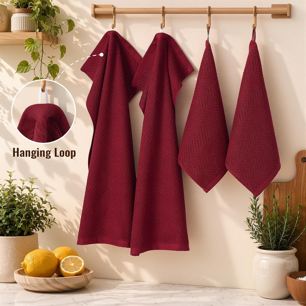 Homaxy 8 Pack 100% Cotton Kitchen Towels and Dishcloths Set, Burgundy
