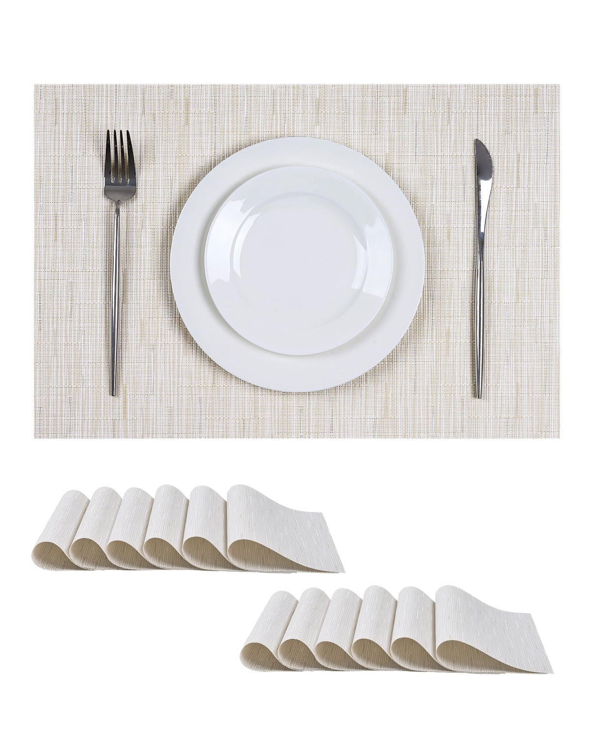 Beige Placemats Set of 8 - Heat-Resistant, Non-Slip Table Mats, Washable Woven Vinyl for Indoor & Outdoor Dining