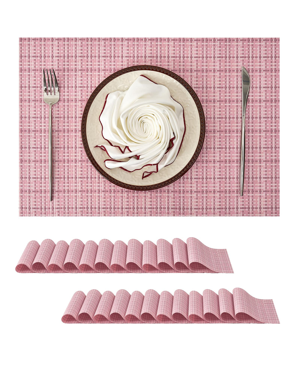 Beige Placemats Set of 6 - Heat-Resistant, Non-Slip Table Mats, Washable Woven Vinyl for Indoor & Outdoor Dining