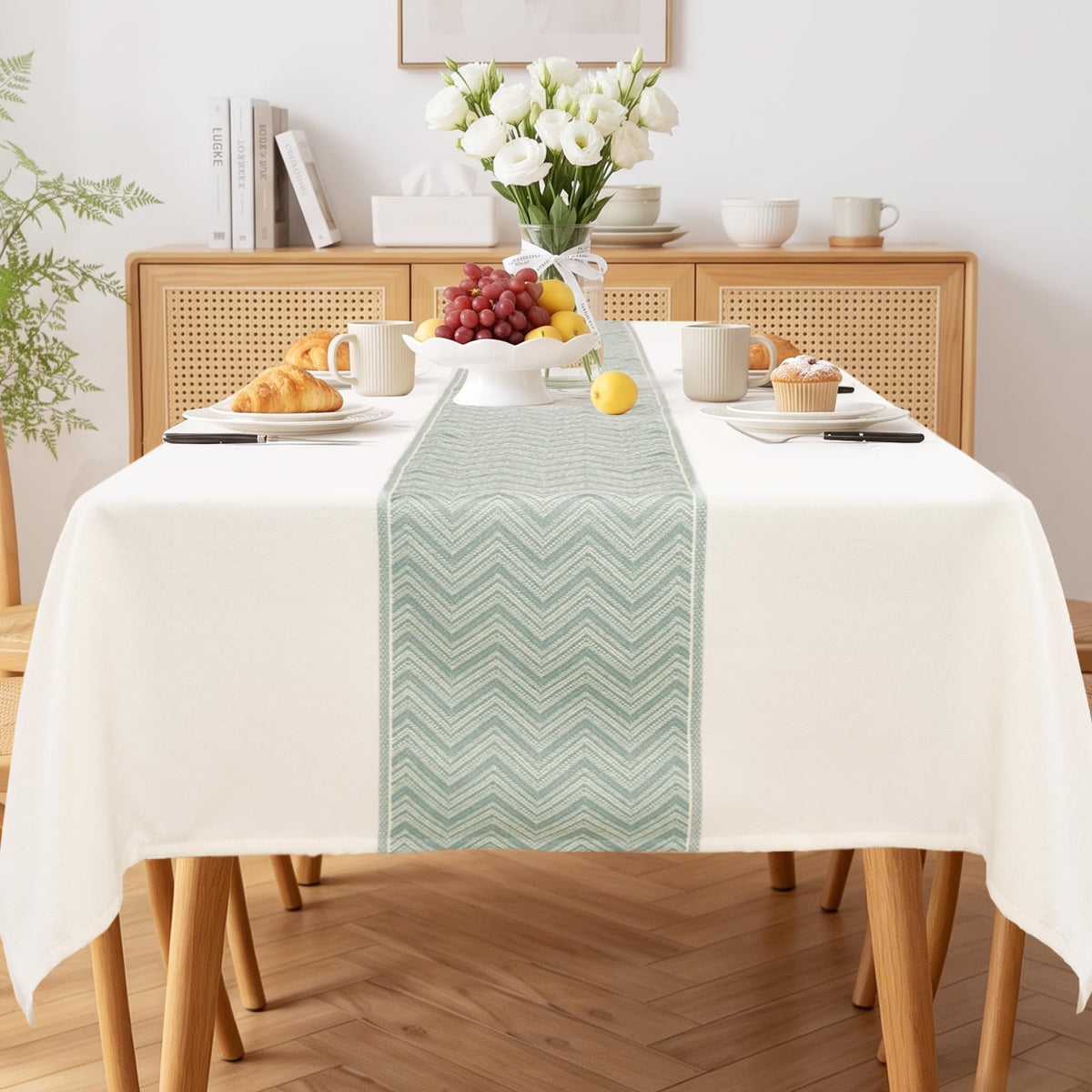 JIUZHEN Faux Linen Rectangle Tablecloth, Wrinkle Stain Resistant Farmhouse Textured Table Cloth Decorative Fabric for Kitchen, Dining, Party, Wedding,Outdoor Use,90 x 132 Inch,Beige