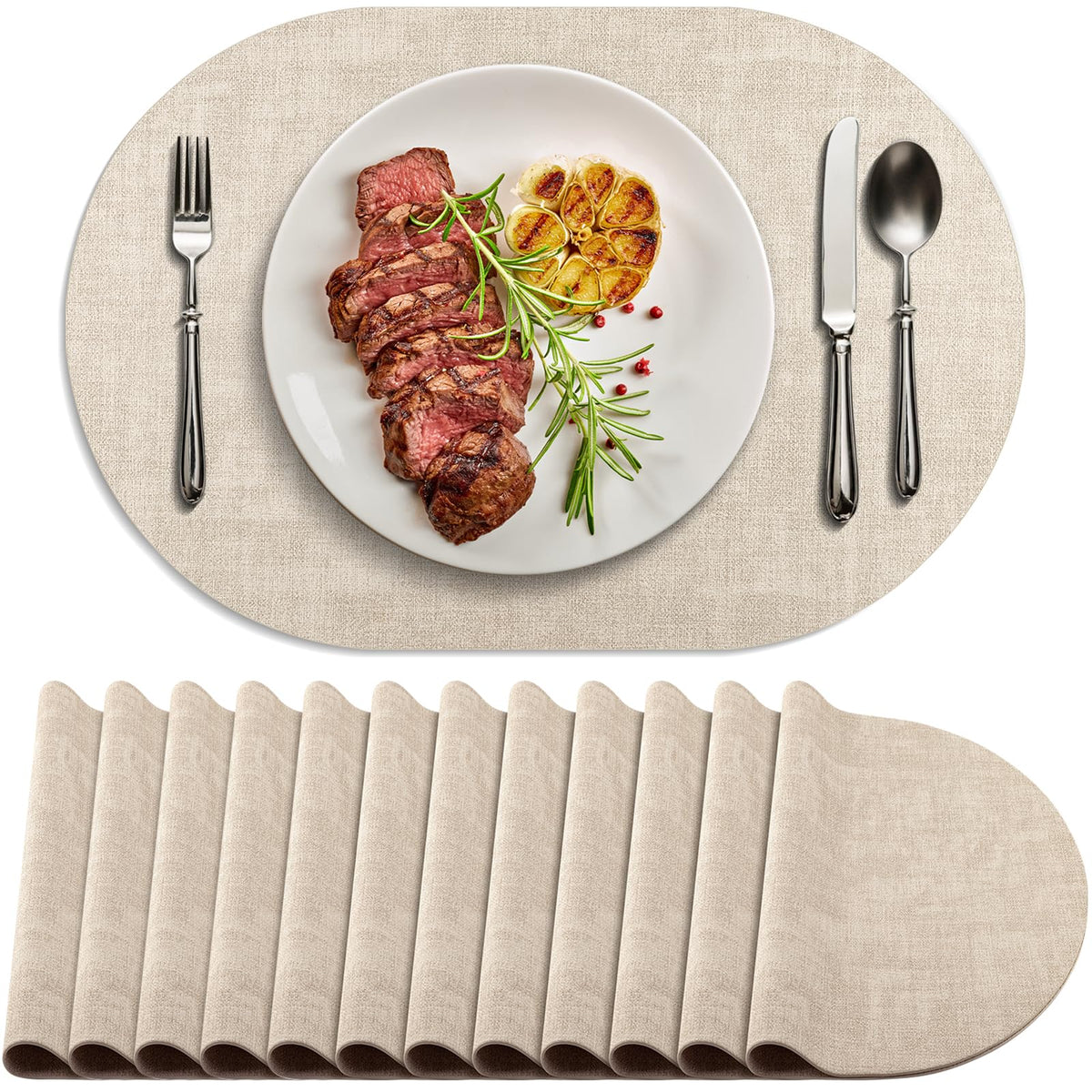 Faux Leather Oval Placemats Set of 8, Beige