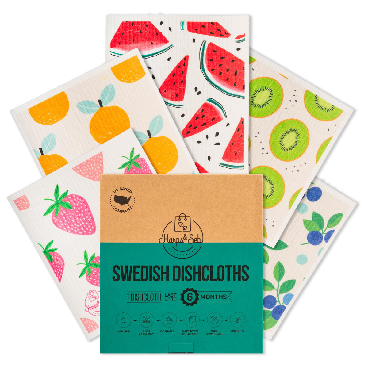 Harps&Seb Swedish Dishcloths for Kitchen Dish Towels - 5 Pack, Non-Scratch Reusable Paper Towels, Super Absorbent Washable Swedish Dish Cloths, No Odor, Biodegradable, Fruit Design