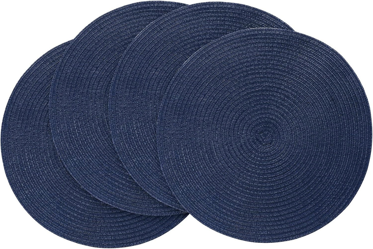 Floroom 15 Inch Round Braided Placemats Set of 4, Washable Heat Resistant Cotton Polyester Circle Place Mats for Kitchen Dining Table - Navy Blue