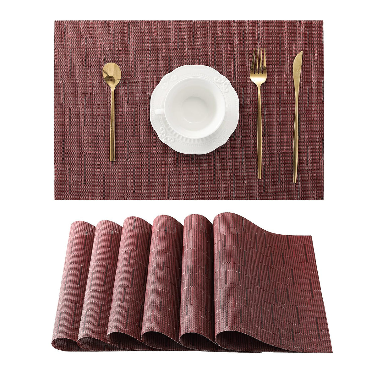Beige Placemats Set of 6 - Heat-Resistant, Non-Slip Table Mats, Washable Woven Vinyl for Indoor & Outdoor Dining