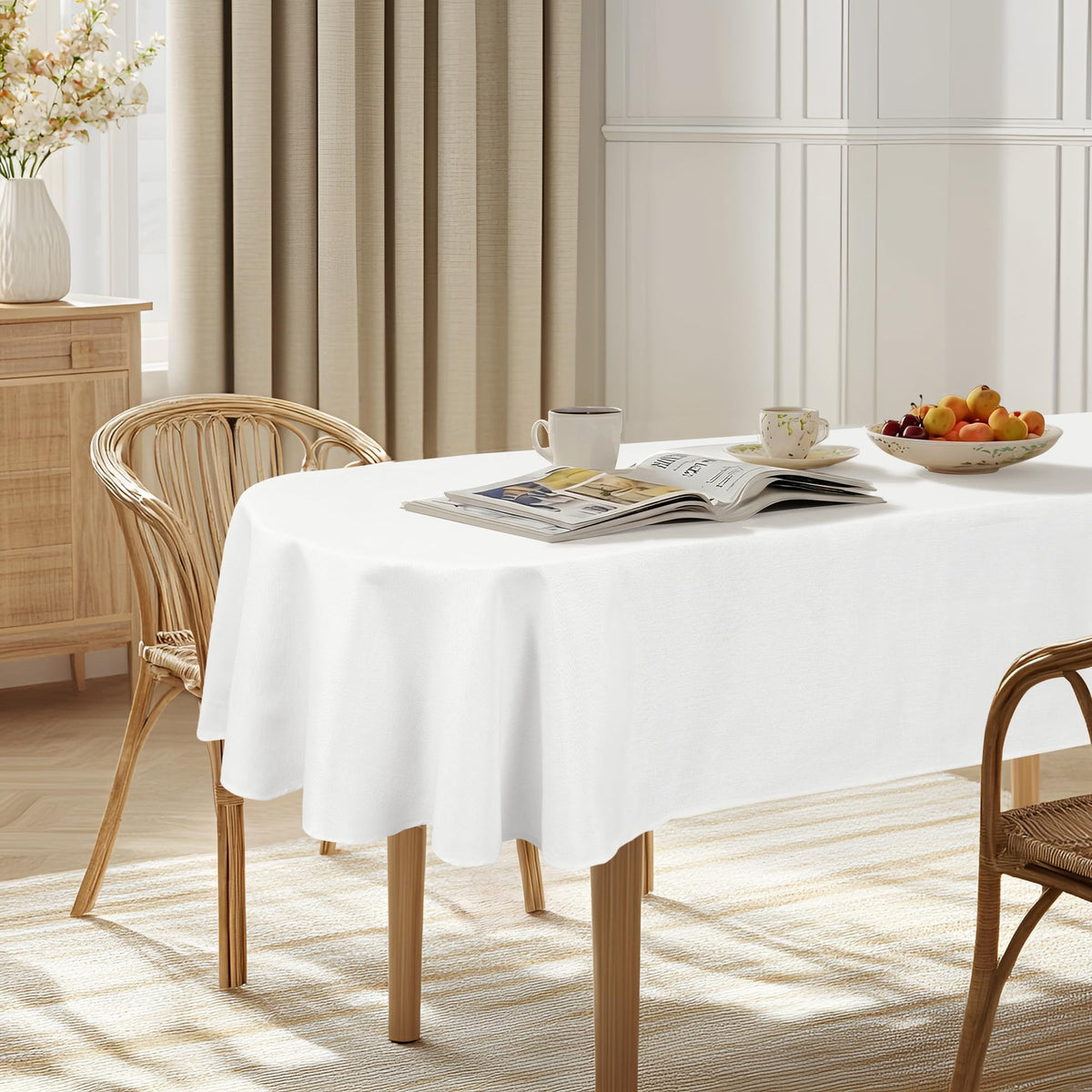 JIUZHEN Faux Linen Rectangle Tablecloth, Wrinkle Stain Resistant Farmhouse Textured Table Cloth Decorative Fabric for Kitchen, Dining, Party, Wedding,Outdoor Use,90 x 132 Inch,Beige