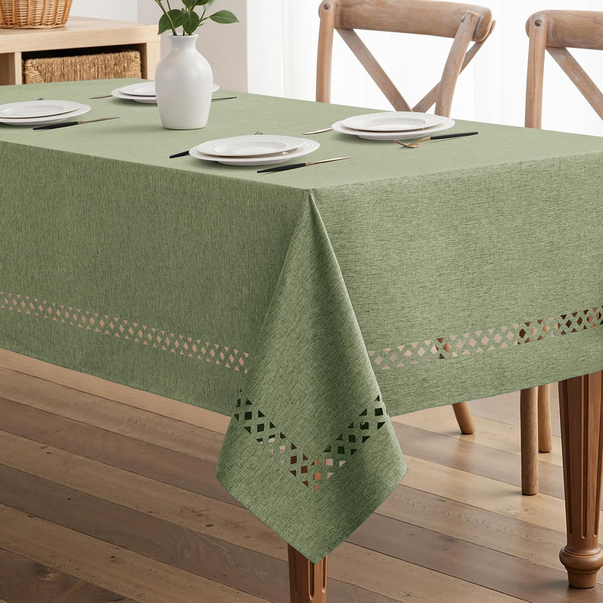MIULEE Beige Rectangle Tablecloth with Decorative Cutouts 60x84 Inch