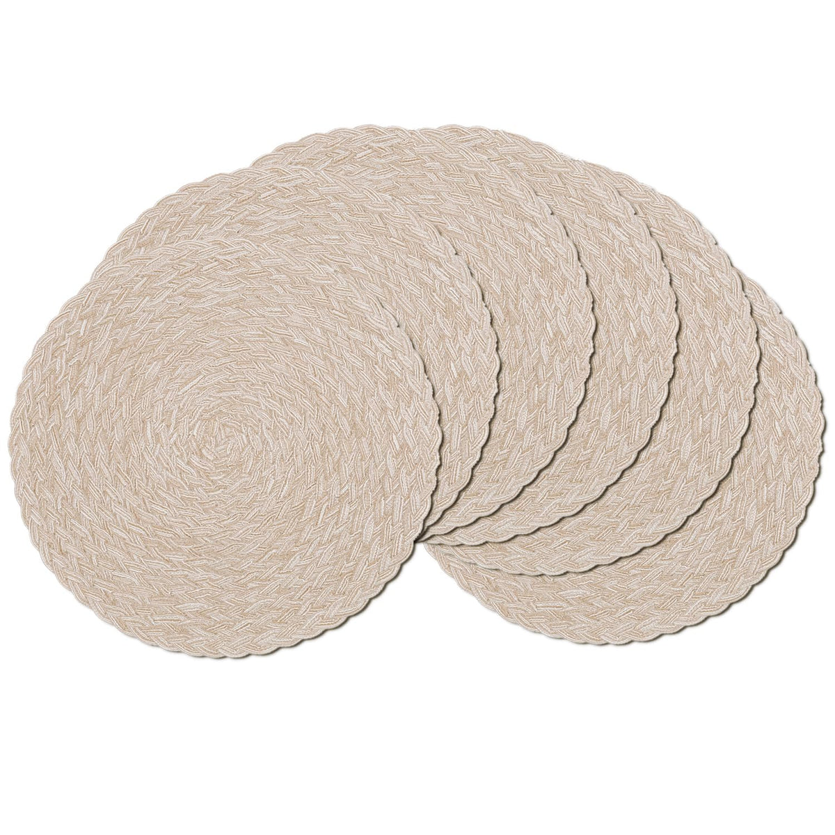 SHACOS 15 inch Round Placemats Set of 6, Cotton Polyester Woven Braided Place Mats, Washable Heat Resistant Circle Table Mats for Dining Table (Beige, 6)
