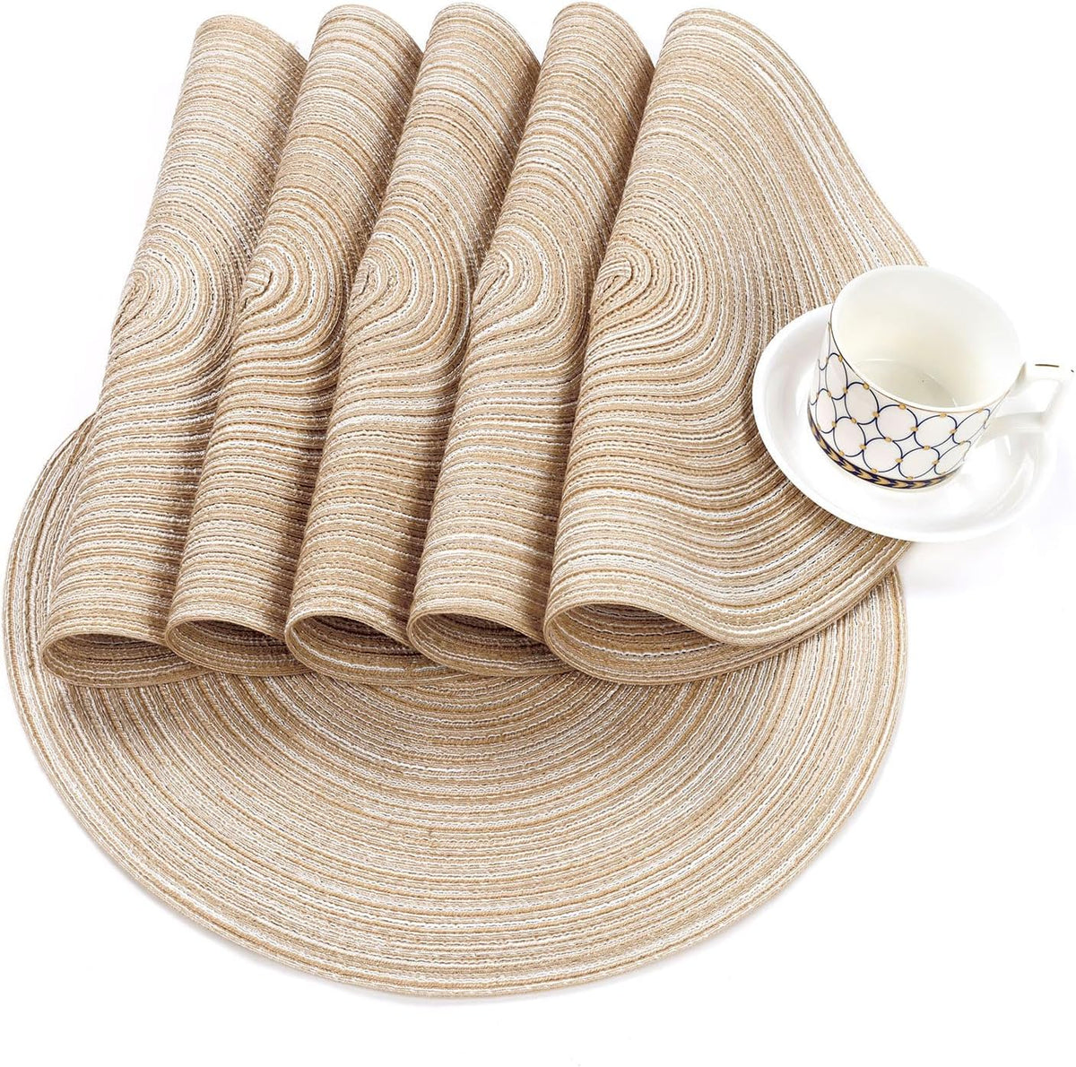 SHACOS 15 inch Round Placemats Set of 6, Cotton Polyester Woven Braided Place Mats, Washable Heat Resistant Circle Table Mats for Dining Table (Beige, 6)