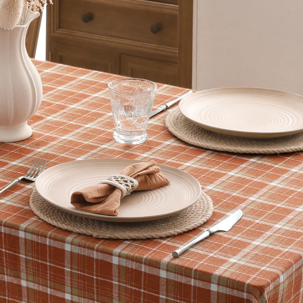 Romanstile Fall Checkered Tablecloth Rectangle, 54 x 80 Inch, Orange