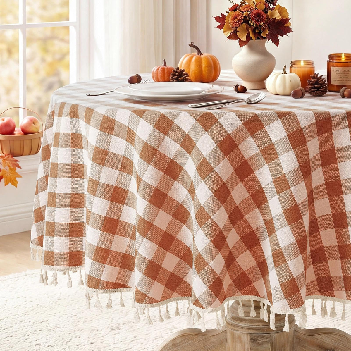 Romanstile Gingham Tassel Tablecloth Rectangle - 60 x 84 Inch, Beige