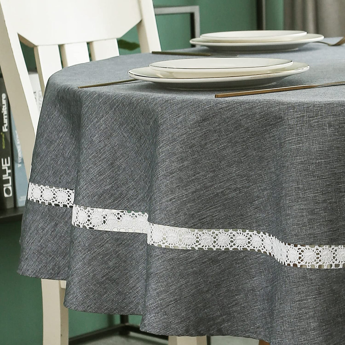 EHouseHome Heavy Duty Fabric Tablecloth with White Lace-Waterproof/Wrinkle Free/Stain Resistant/Oil Proof-for Dining,Indoor&Outdoor,Wedding,Holiday,White,Rectangle 60x120Inch
