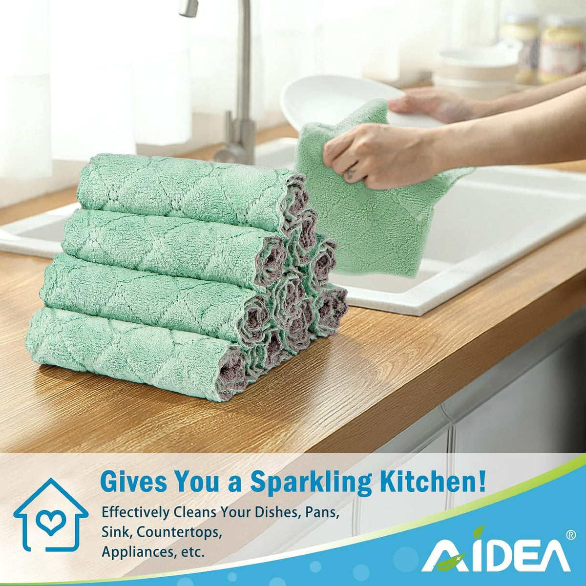 AIDEA Kitchen Dishcloths, 12 PK Absorbent Dish Towels Coral Fleece 6"x10.4"