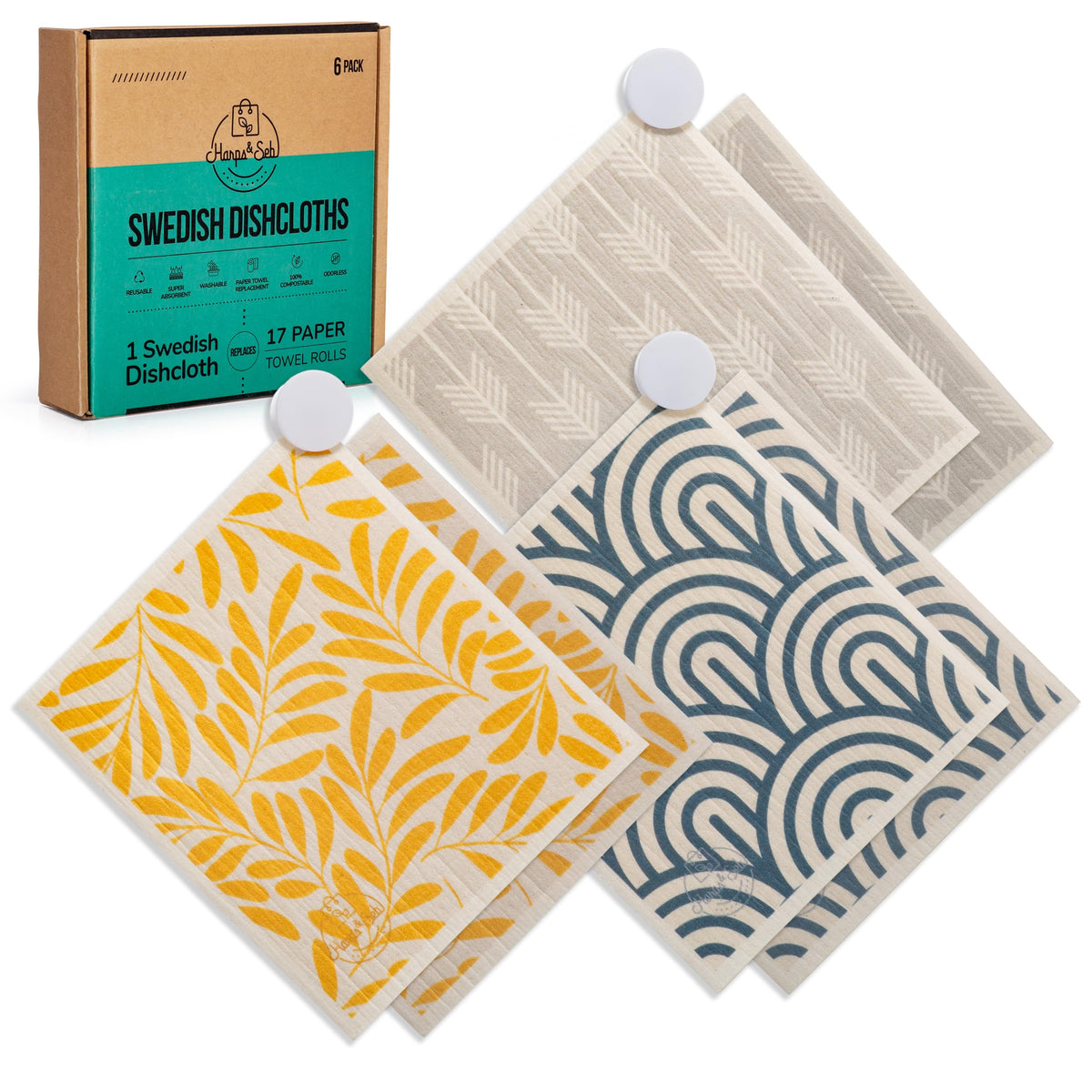 Harps&Seb Swedish Dishcloths for Kitchen Dish Towels - 5 Pack, Non-Scratch Reusable Paper Towels, Super Absorbent Washable Swedish Dish Cloths, No Odor, Biodegradable, Fruit Design