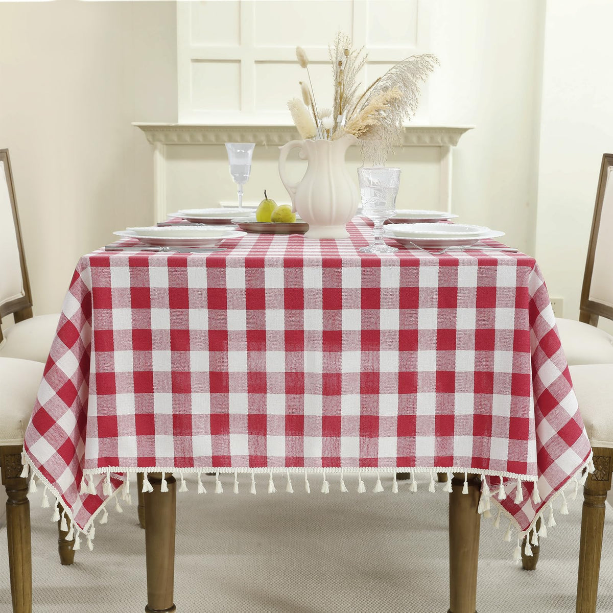 Romanstile Gingham Tassel Tablecloth Rectangle - 60 x 84 Inch, Beige