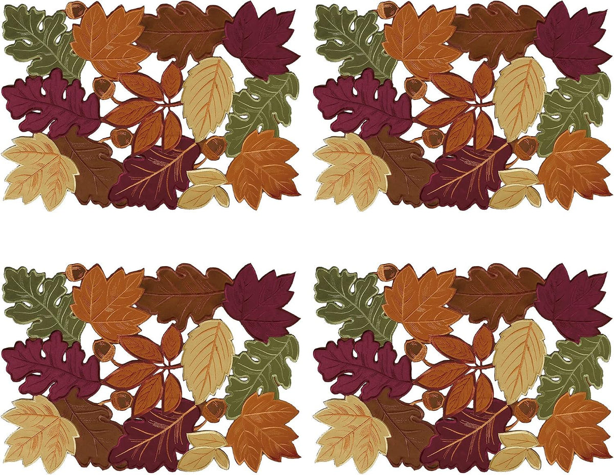 OWENIE 4 PCS Thanksgiving Placemats for Dining Table, 13 x 19 Inch Set of 4 Embroidered Maple Leaves Table mats for Fall, Harvest Applique Leaf for Autumn Decorations