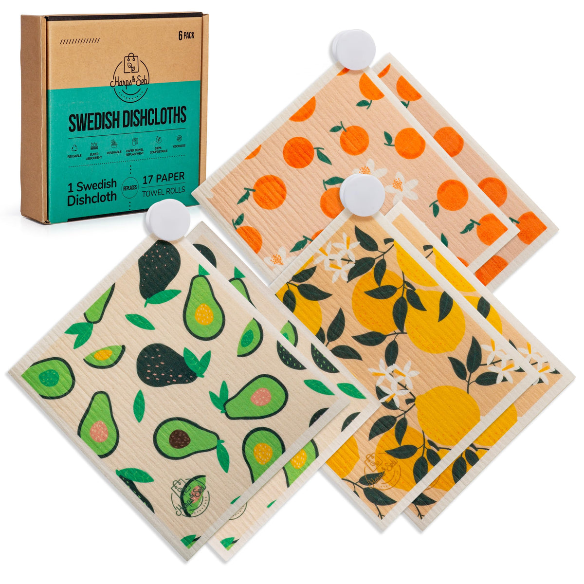 Harps&Seb Swedish Dishcloths for Kitchen Dish Towels - 5 Pack, Non-Scratch Reusable Paper Towels, Super Absorbent Washable Swedish Dish Cloths, No Odor, Biodegradable, Fruit Design