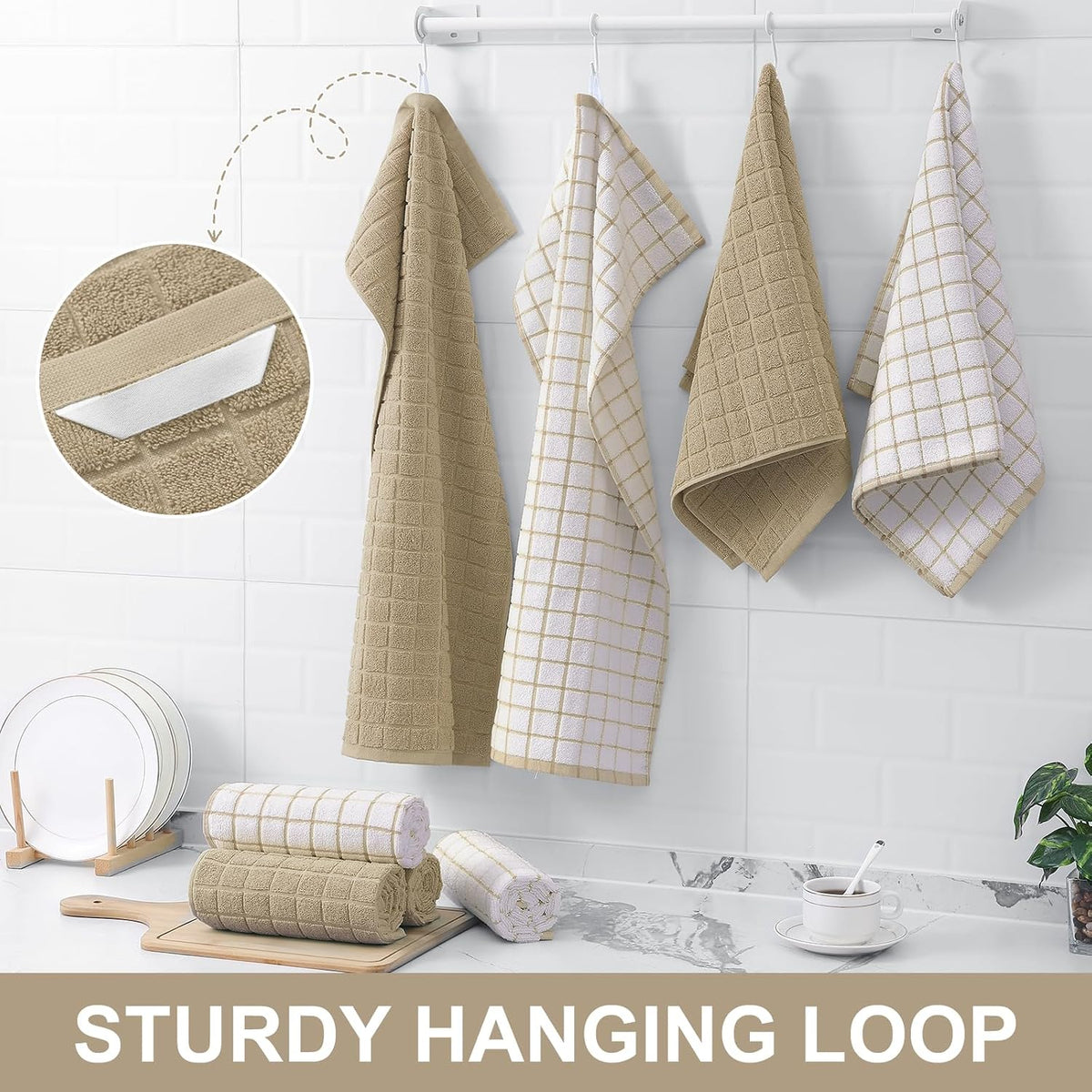 Homaxy Premium Cotton Kitchen Dish Cloths 12"x 12", 6 Pack, Tan