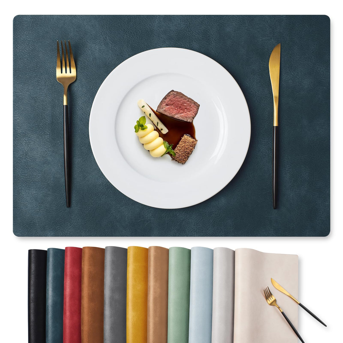 MOSAYT Vinyl Faux Leather Placemats, Set of 6, Black