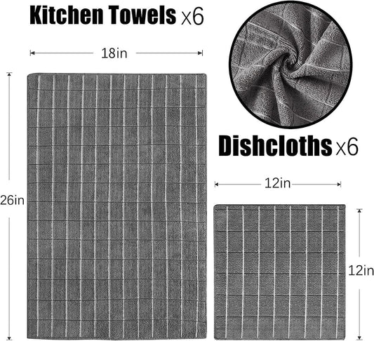 Puomue Microfiber Kitchen Towels and Dishcloths Set, 26 X 18 Inch and 12 X 12 Inch, Set of 12 Bulk Lint Free Dish Towels for Drying Dishes, Grey