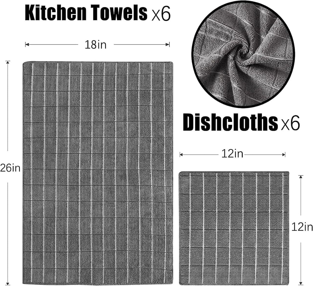 Puomue Microfiber Kitchen Towels and Dishcloths Set, 26 X 18 Inch and 12 X 12 Inch, Set of 12 Bulk Lint Free Dish Towels for Drying Dishes, Grey