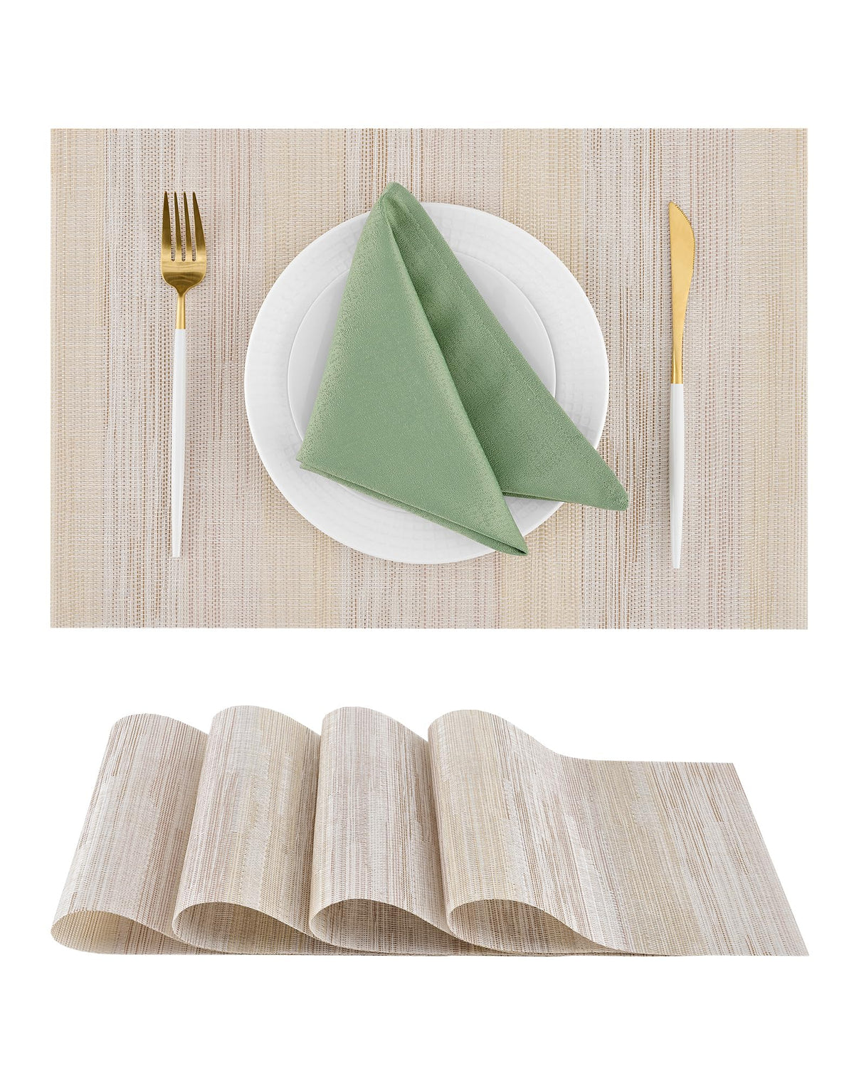 Beige Placemats Set of 6 - Heat-Resistant, Non-Slip Table Mats, Washable Woven Vinyl for Indoor & Outdoor Dining