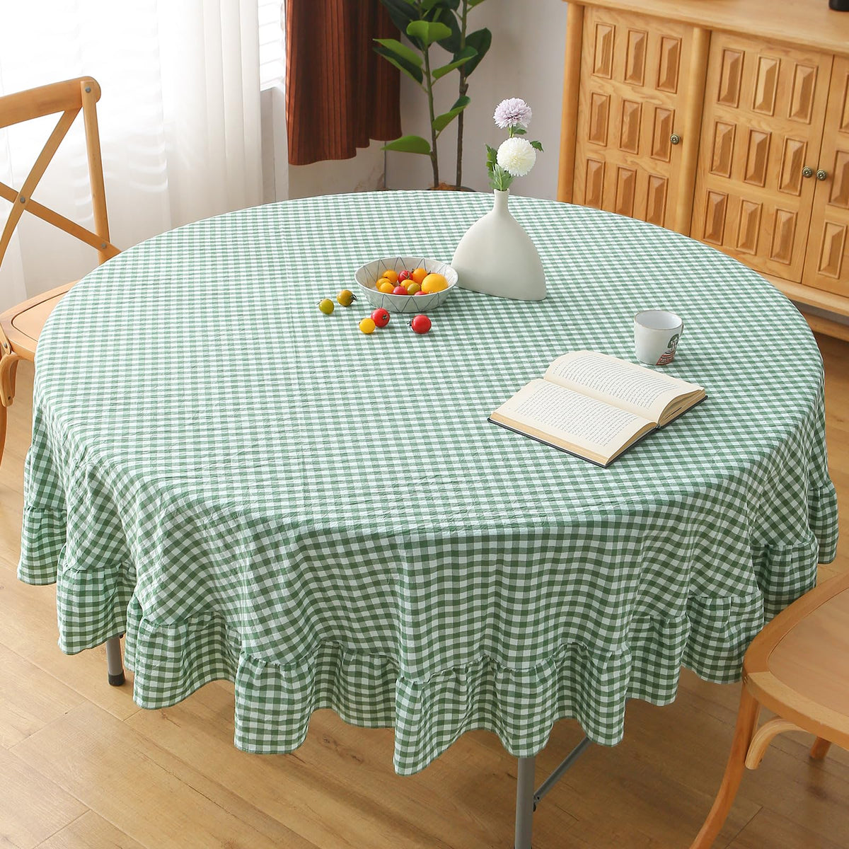 Taupe White Gingham Ruffled Tablecloth 120"x60"