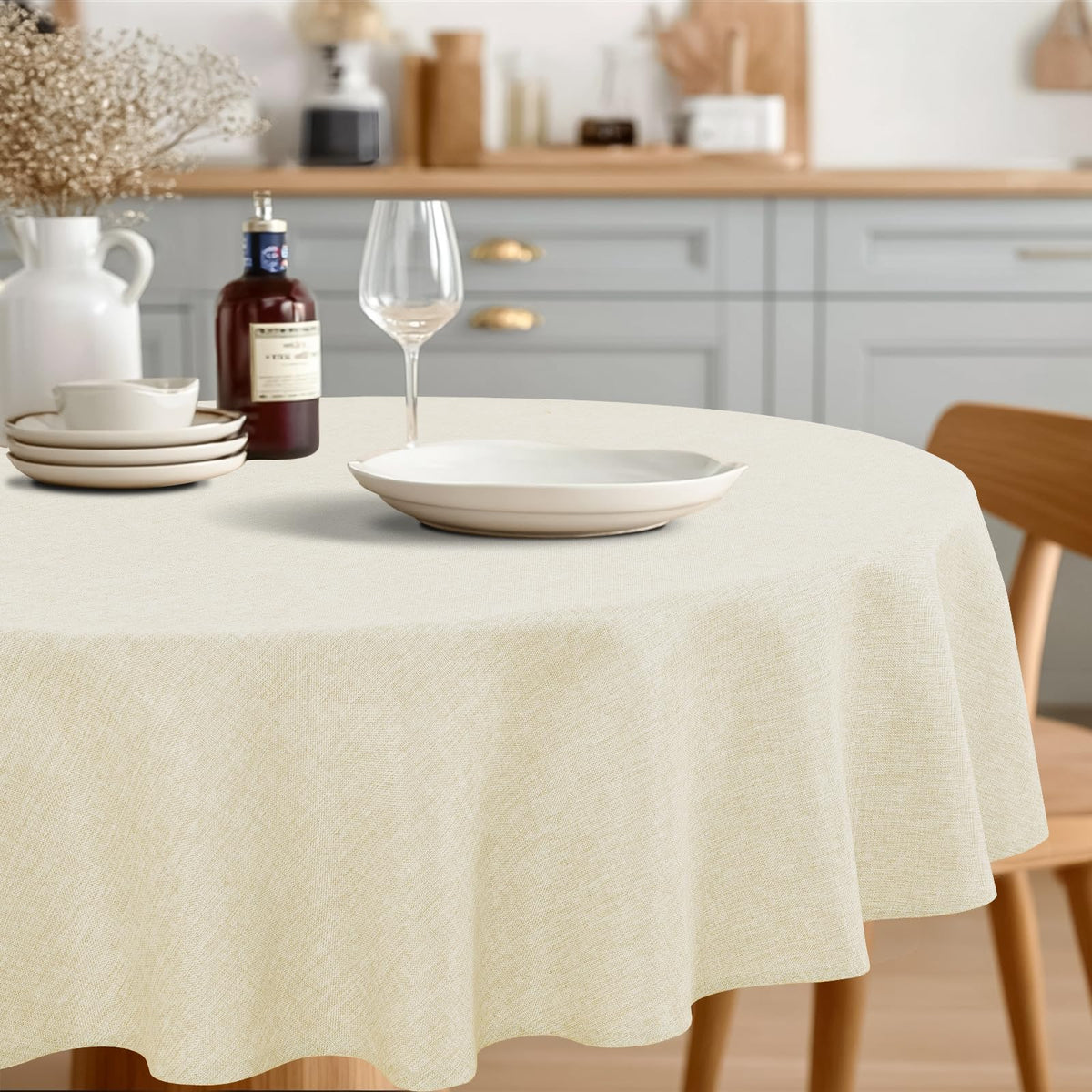 JIUZHEN Faux Linen Rectangle Tablecloth, Wrinkle Stain Resistant Farmhouse Textured Table Cloth Decorative Fabric for Kitchen, Dining, Party, Wedding,Outdoor Use,90 x 132 Inch,Beige