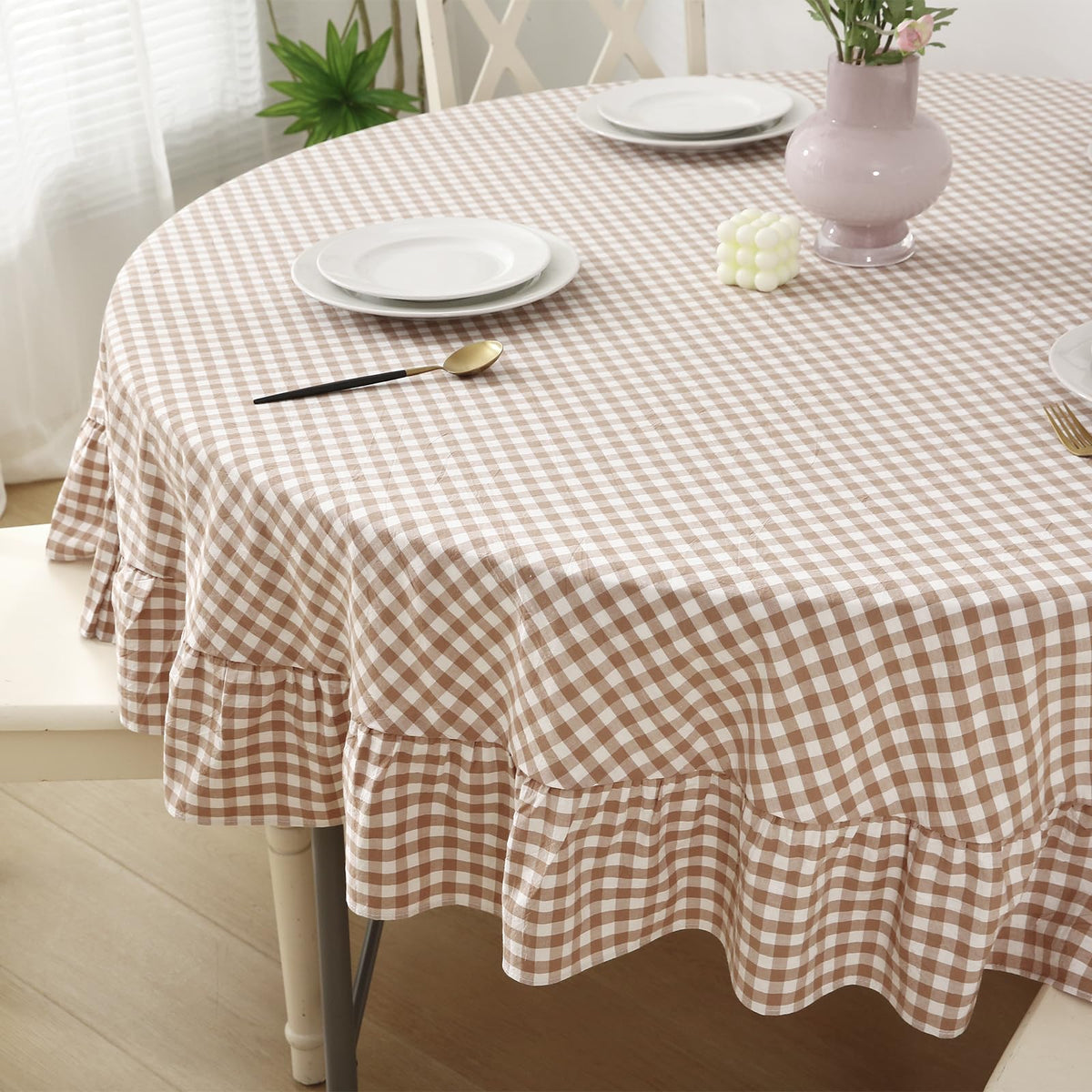 Taupe White Gingham Ruffled Tablecloth 120"x60"