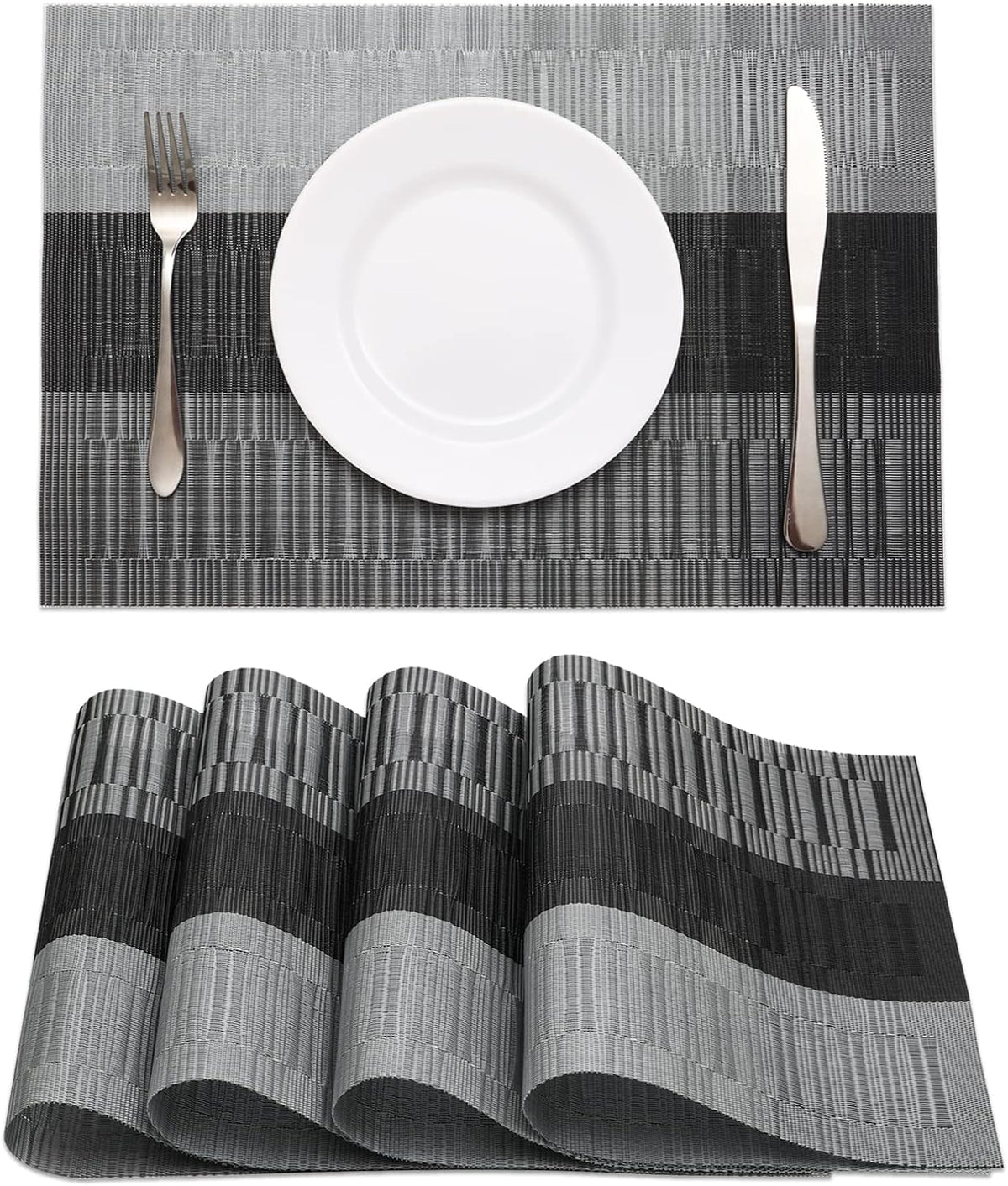 HeloHo Black Placemats Set of 4 Heat-Resistant Washable Place Mats Non-Slip Vinyl Woven Table Mats Wipeable Placemat for Kitchen Dining Table Decoration Indoor Outdoor