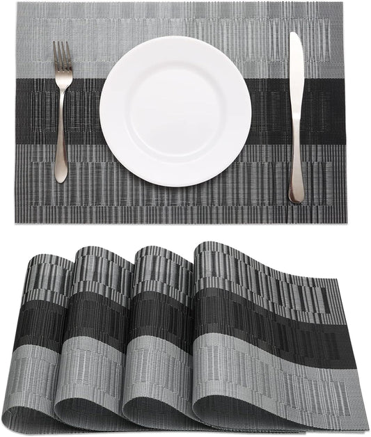 HeloHo Black Placemats Set of 4 Heat-Resistant Washable Place Mats Non-Slip Vinyl Woven Table Mats Wipeable Placemat for Kitchen Dining Table Decoration Indoor Outdoor