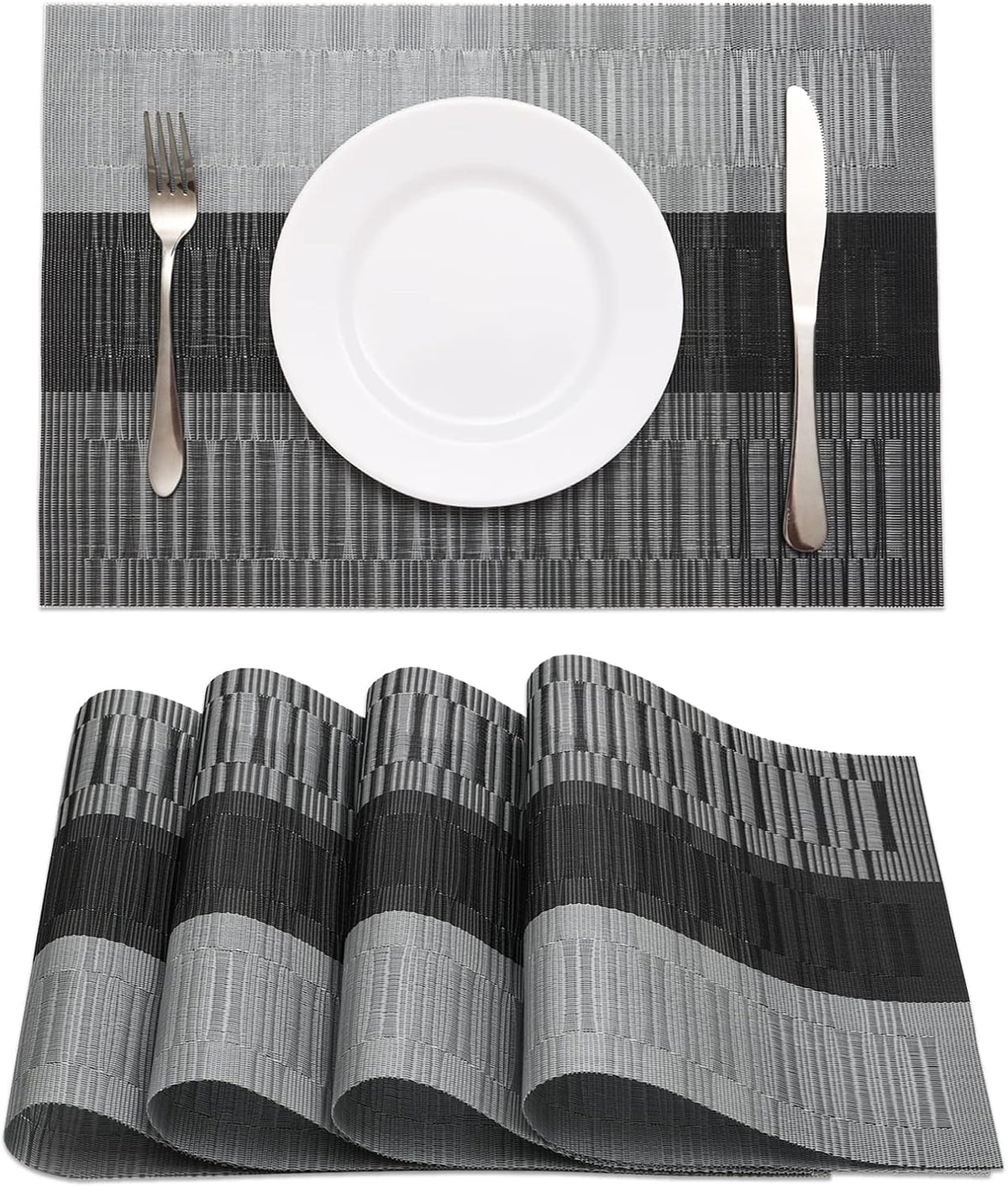HeloHo Black Placemats Set of 4 Heat-Resistant Washable Place Mats Non-Slip Vinyl Woven Table Mats Wipeable Placemat for Kitchen Dining Table Decoration Indoor Outdoor