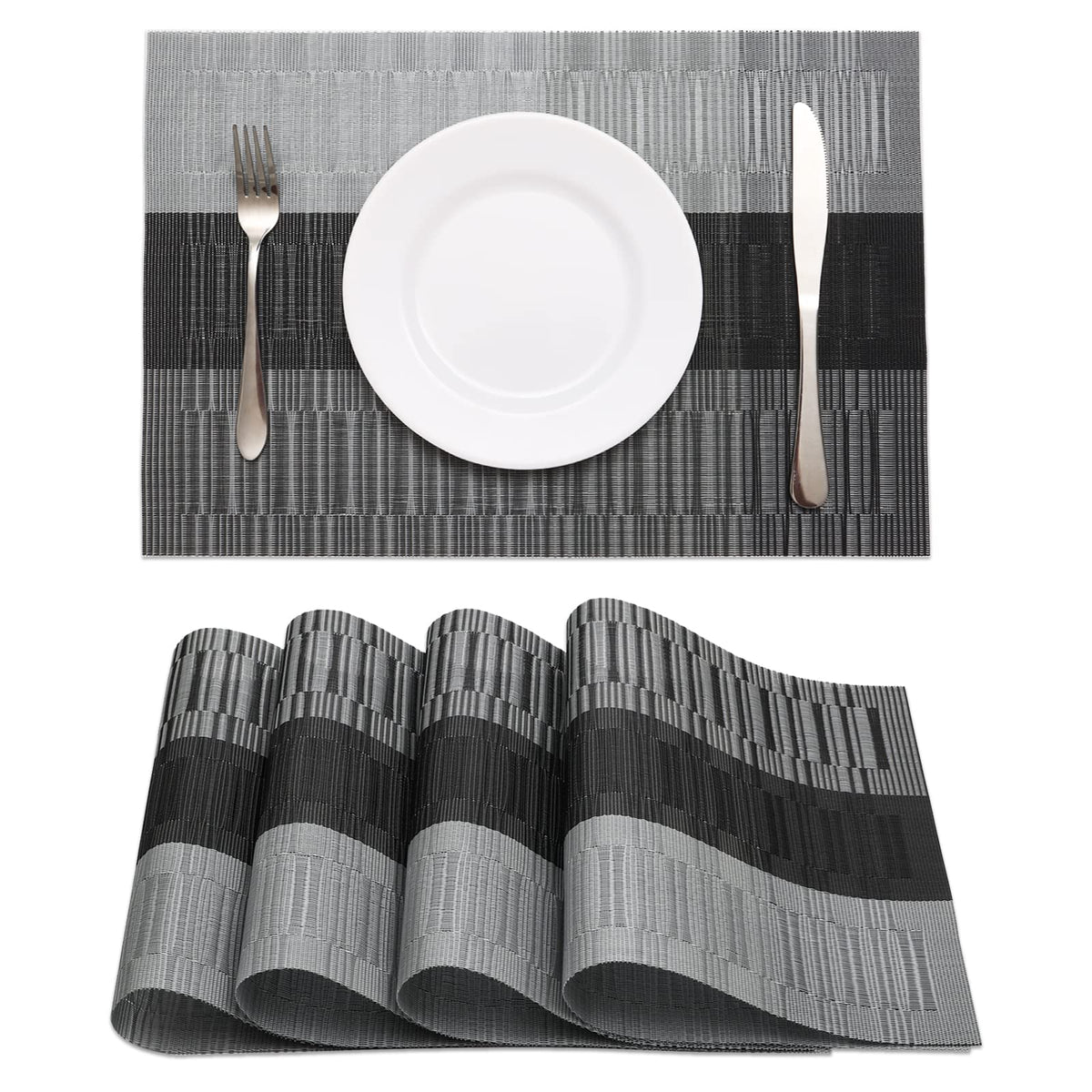 HeloHo Black Placemats Set of 4 Heat-Resistant Washable Place Mats Non-Slip Vinyl Woven Table Mats Wipeable Placemat for Kitchen Dining Table Decoration Indoor Outdoor