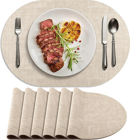 Faux Leather Oval Placemats Set of 6, Beige
