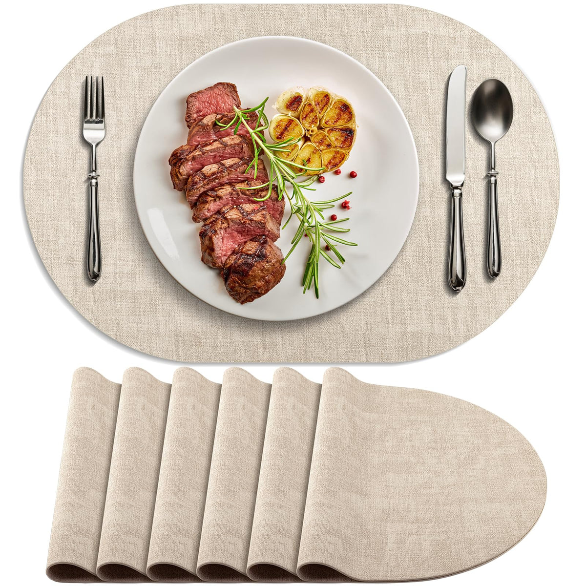 Faux Leather Oval Placemats Set of 4, Beige