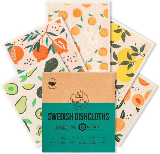 Harps&Seb Swedish Dishcloths for Kitchen Dish Towels - 5 Pack, Non-Scratch Reusable Paper Towels, Super Absorbent Washable Swedish Dish Cloths, No Odor, Biodegradable, Fruit Design
