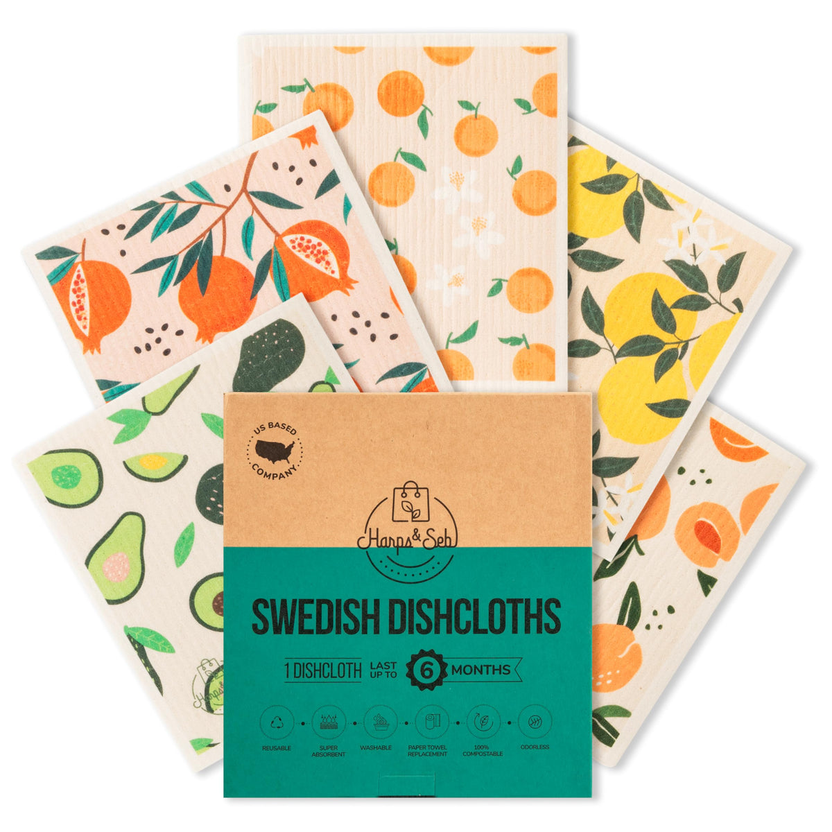Harps&Seb Swedish Dishcloths for Kitchen Dish Towels - 5 Pack, Non-Scratch Reusable Paper Towels, Super Absorbent Washable Swedish Dish Cloths, No Odor, Biodegradable, Fruit Design