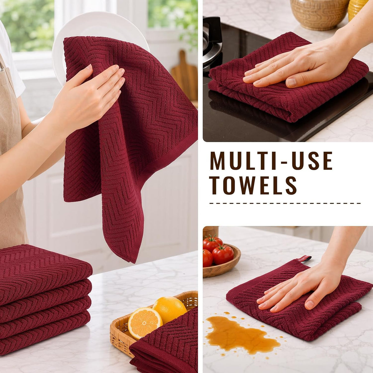 Homaxy 8 Pack 100% Cotton Kitchen Towels and Dishcloths Set, Burgundy