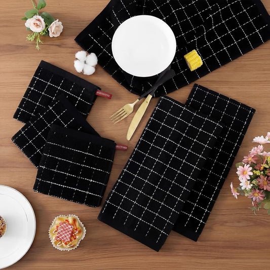 Homaxy Cotton Terry Kitchen Towels and Dishcloths Set of 8, Black