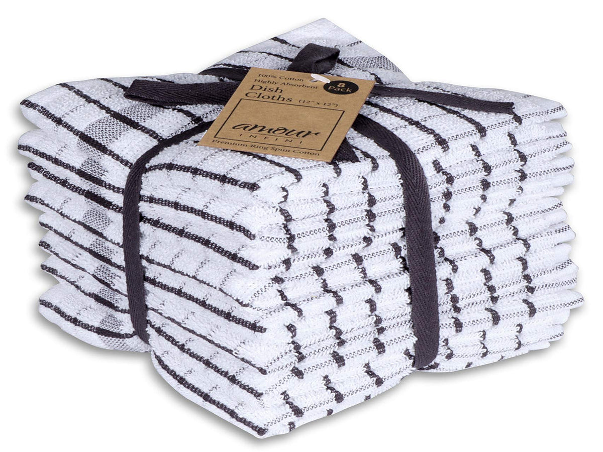 AMOUR INFINI Kitchen Dish Cloths Set of 8 - Ultra Soft, Highly Absorbent, Quick-Drying Terry Cotton Dishcloths 12"x12" Inch Wash & Cleaning Cloths for Kitchen & Dishwashing (D.Grey)