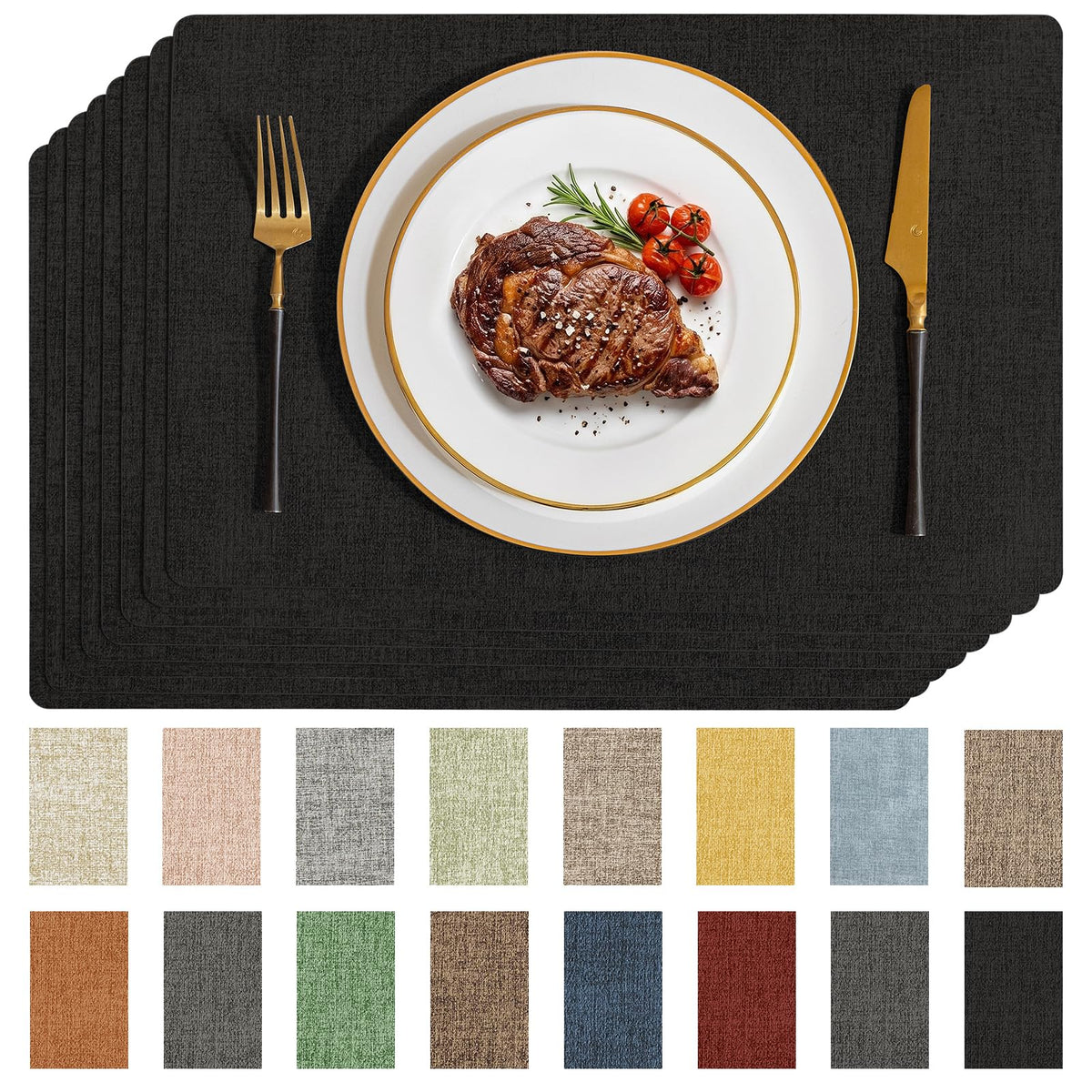 Romanstile Faux Leather Vinyl Placemats Set of 6, Light Grey