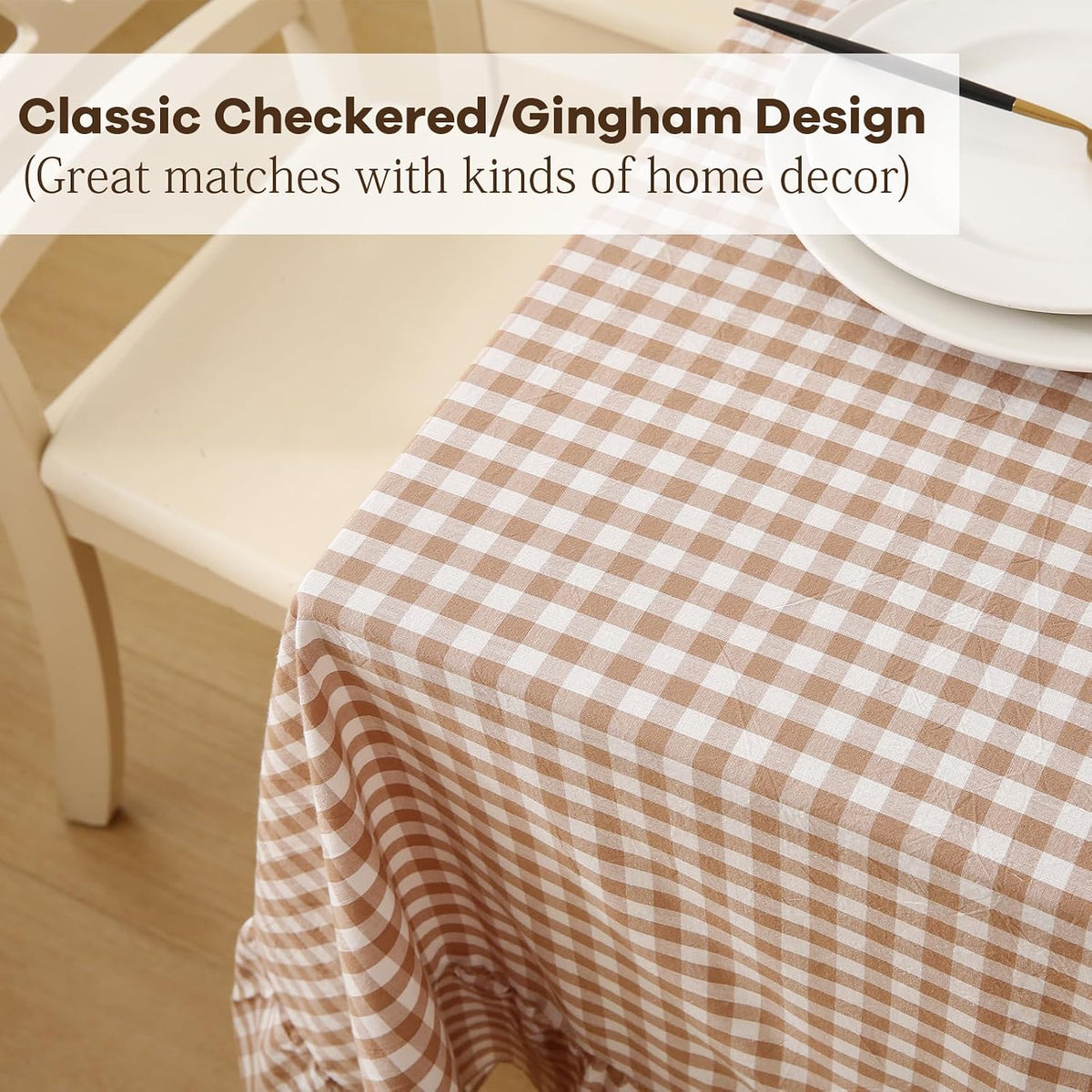 Taupe White Gingham Ruffled Tablecloth 120"x60"